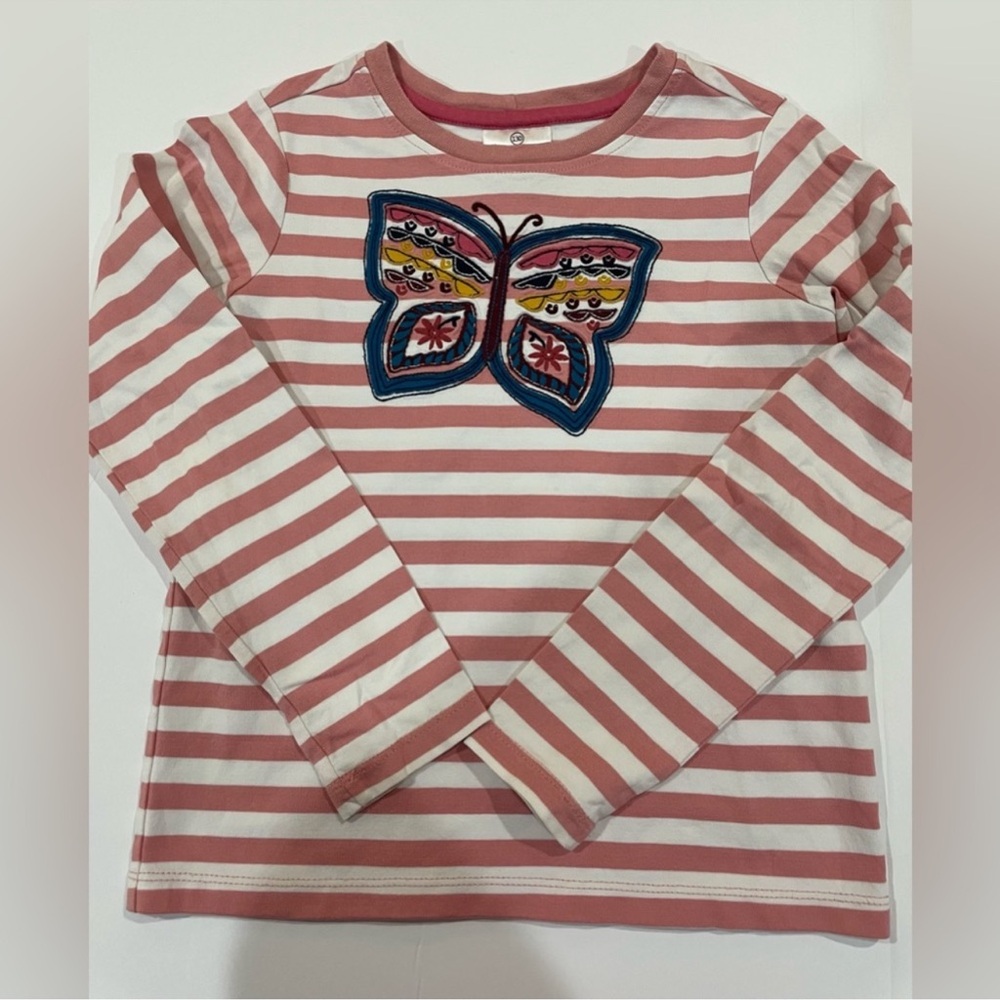 Hanna Andersson Pink and White Striped Long Sleeve Tee with Butterfly